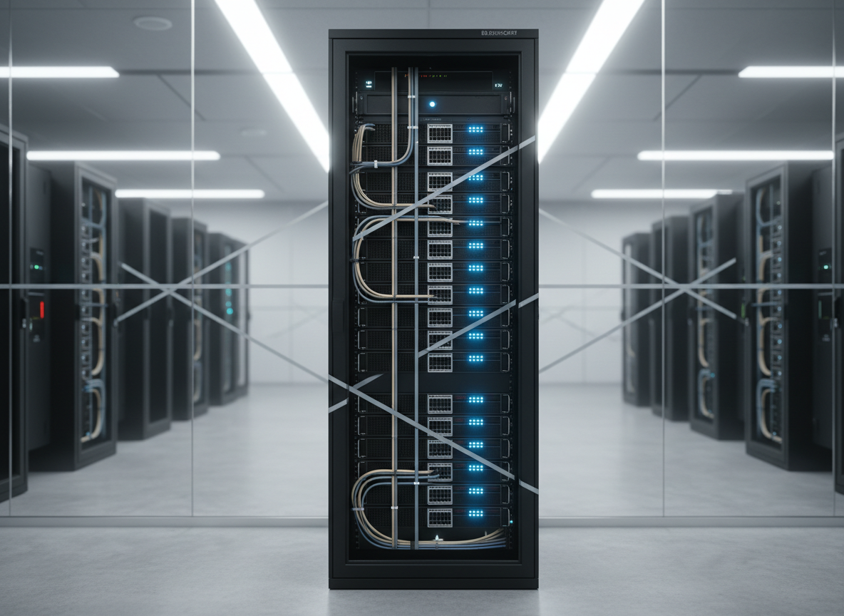 A sleek, dark matte server rack filled with neatly arranged hardware and glowing, cool-blue indicator lights stands in the center of a minimalist, glass-walled data center. Fiber cables in subtle, muted colors are meticulously routed, forming clean geometric lines across polished metallic panels. Soft, diffused white overhead lighting creates crisp reflections on the glossy floor and gentle gradients along the equipment, emphasizing precision and order. The atmosphere feels calm, controlled, and highly professional. Captured at eye level with a slightly wide-angle lens, the composition follows the rule of thirds, with the main rack in sharp focus and additional blurred infrastructure fading into the background, conveying scale and reliability in a photographic realism style.